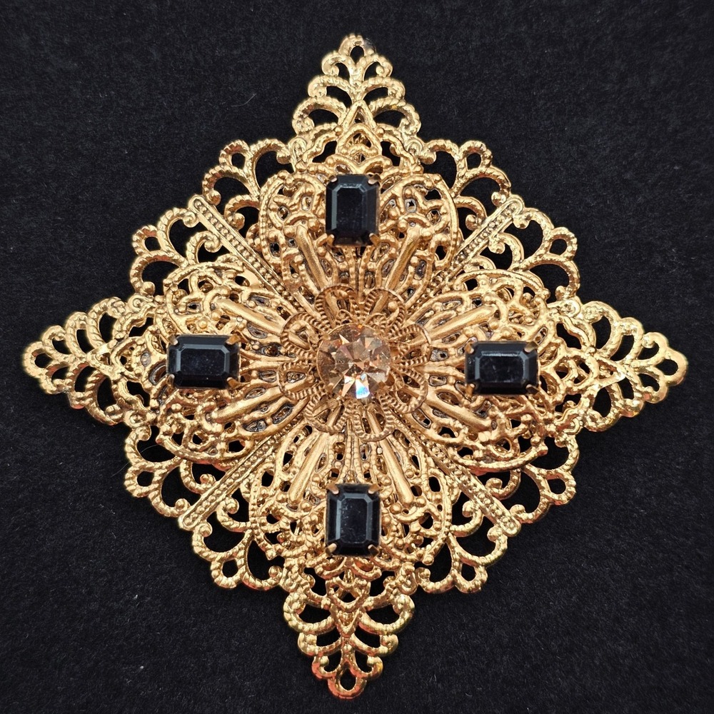 Gold Tone Filigree Statement Brooch Black Rhinestone Victorian Style 3" Pin